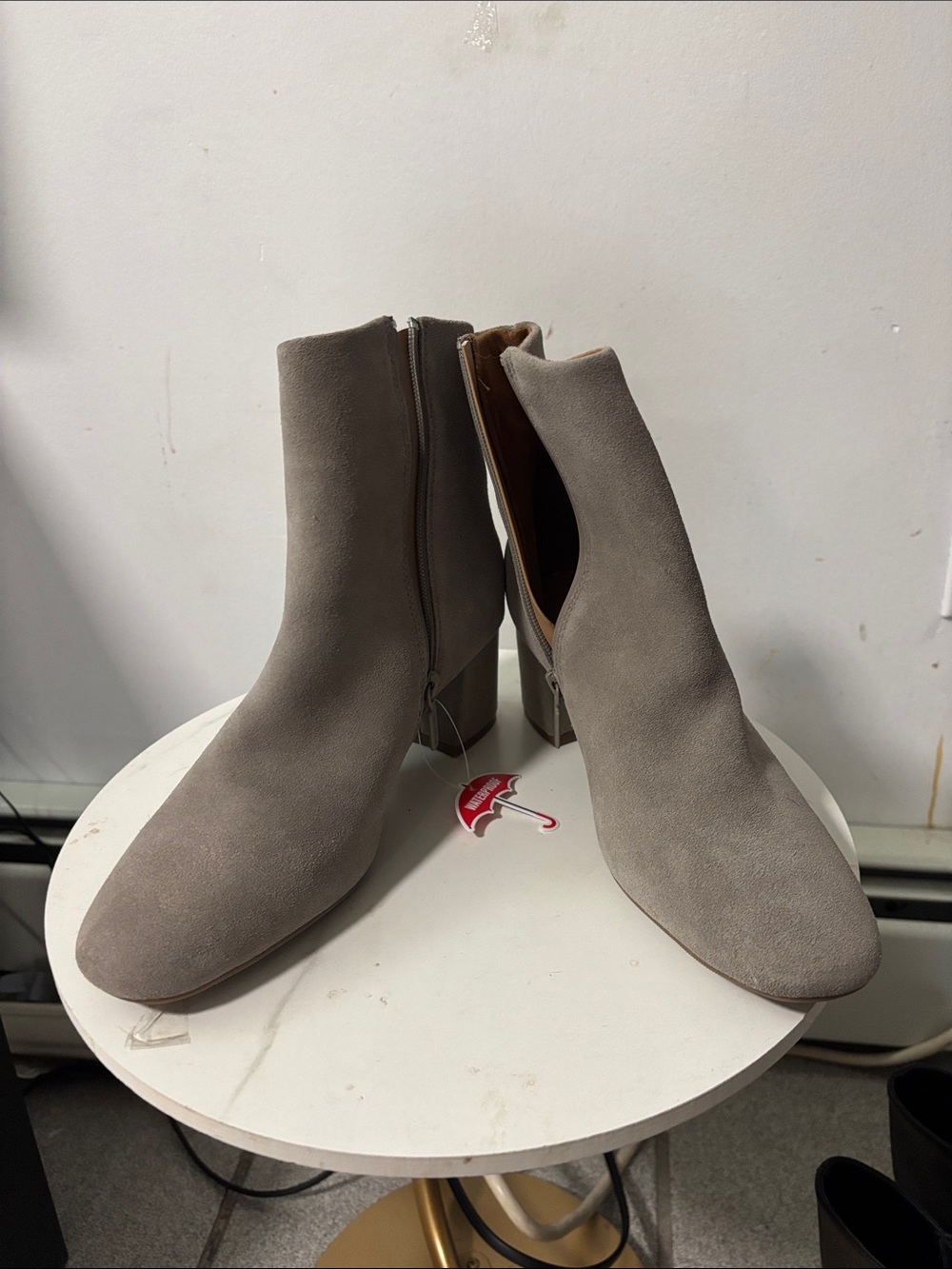 Blondo Taupe Suede Ankle Booties with Block Heel